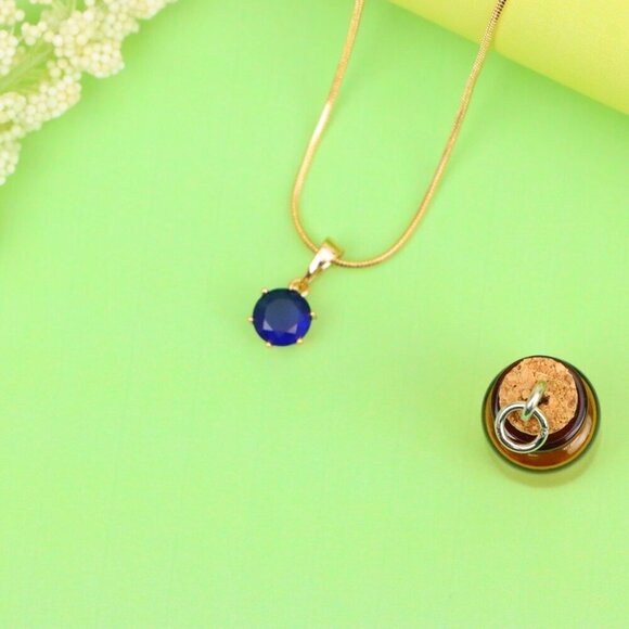 "Round Blue Gemstone Pendant in Gold Finish – Simple Charm, XPPT1645 - Picture 11 of 13